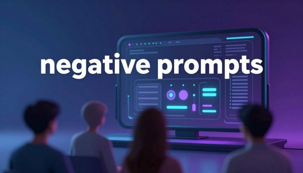 A visually thought-provoking composition illustrating the theme of "negative prompts" in AI image generation. In the foreground, display a series of blurred, abstract shapes suggesting confusion and distortion, representing ineffective prompt results. In the middle ground, incorporate a stylized, futuristic interface with glowing buttons and indicators, symbolizing AI technology at work, housed within a sleek, dark, high-tech environment. The background should be a gradient of moody blue and purple hues, creating an atmosphere of introspection and creativity, with soft, diffused lighting casting shadows. The overall mood should be one of exploration and innovation, inspiring viewers to think critically about the use of prompts in creating stunning images. No human figures or text included.