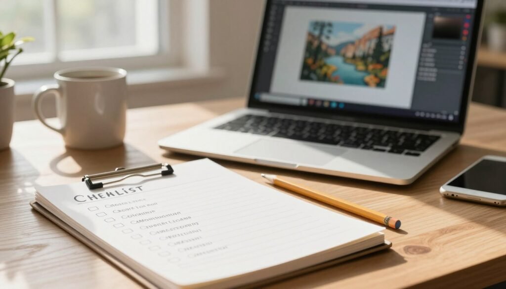 A well-organized desk setup in an inviting office environment, featuring a detailed checklist prominently displayed on a notebook. In the foreground, a neatly drawn checklist with bullet points is partially visible, alongside a pencil. The middle ground includes a laptop with an open screen showcasing a digital art program, inviting creativity and concentration. A coffee mug is nearby, hinting at a cozy atmosphere. The background features a softly blurred window with natural light streaming in, casting gentle shadows across the workspace. The mood is purpose-driven and inspiring, reflecting professionalism and readiness for productivity, with warm sunlight enhancing the inviting feel of the space.