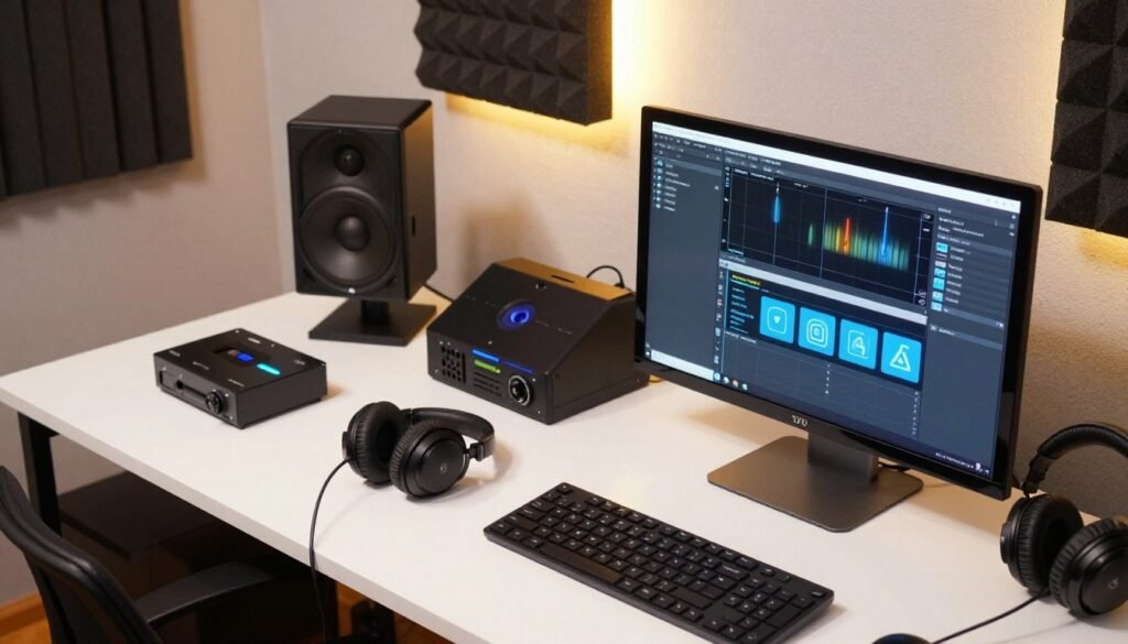 A well-organized workspace showcasing advanced tools for automatic dubbing. In the foreground, a sleek computer with professional dubbing software displayed on the screen, surrounded by high-quality headphones and a microphone resting on a stylish desk. In the middle, various automated dubbing tools like voice synthesizers and AI software icons, elegantly laid out. The background features a softly illuminated wall with soundproofing panels, emphasizing a professional sound studio atmosphere. The lighting is bright yet warm, creating a welcoming and innovative mood. The angle captures the workspace from a slight bird's eye view, inviting viewers into a creative and technical environment dedicated to automated dubbing.