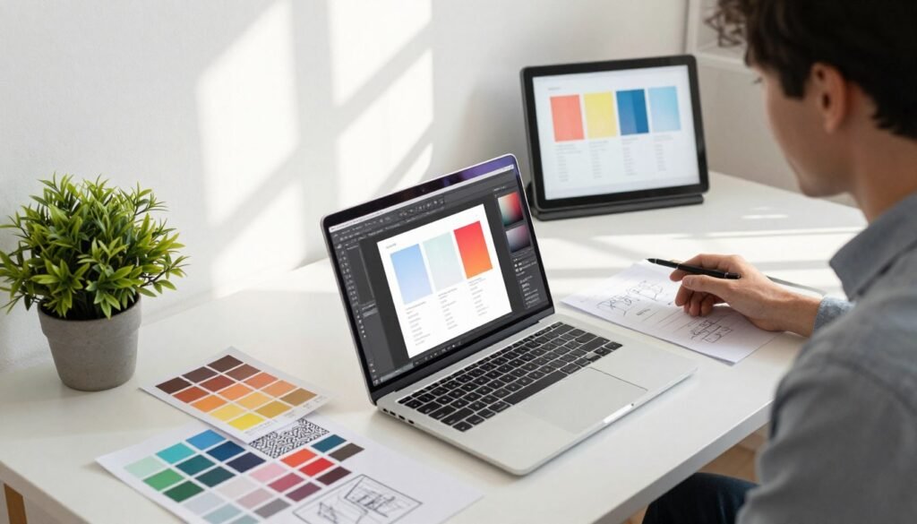 A well-organized workspace showcasing various design resources for creating mockups. In the foreground, a sleek laptop with a design software interface is open, displaying multiple templates and mockup designs. Beside it, colorful design elements like swatches, patterns, and digital sketches are neatly arranged. The middle ground features a stylish desk with a potted plant and a lightbox holding printed mockup examples. In the background, a bright, airy room filled with natural light, accentuated by soft shadows, conveys a creative atmosphere. A professional-looking individual in a smart casual outfit sits thoughtfully, examining designs on the screen. The angle is from a slight overhead perspective, capturing the essence of an inspiring design environment.