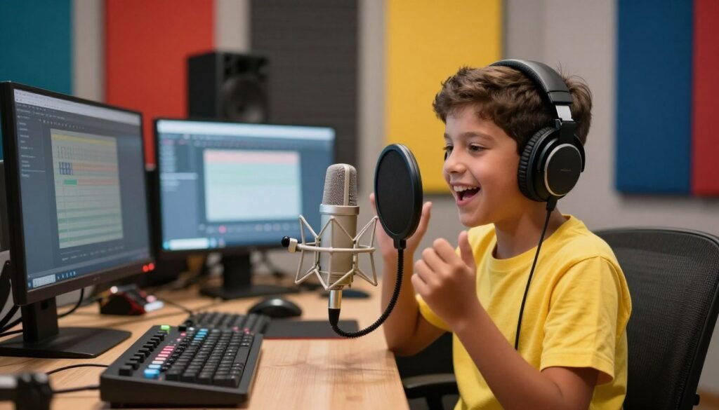 A young Colombian boy confidently recording his voice in a modern sound studio, showcasing innovation in artificial intelligence. In the foreground, the boy, wearing a bright, casual t-shirt and headphones, interacts with a high-tech microphone, expressing excitement. In the middle ground, tools and equipment like computers and sound mixing devices are elegantly arranged, reflecting a professional workspace. The background features colorful soundproof panels, representing a creative environment. Soft, warm lighting floods the room, emphasizing the boy's joyful expression and determined posture. The mood is inspiring and professional, highlighting the competitive advantages of AI-generated children's voices in the Colombian market, encouraging innovation and creativity in the field.