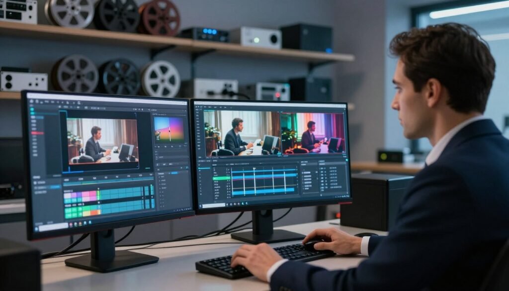 An advanced video restoration workspace, showcasing high-tech equipment and software. In the foreground, a sleek computer monitor displays a vibrant video enhancement interface with various editing tools and sliders. To its side, a professional in business attire, focused on the screen, reviews old footage. In the middle, a high-resolution projector displays a before-and-after comparison of restored video, highlighting improved clarity and color balance. The background includes shelves filled with film reels and modern hardware, illuminated by soft, ambient lighting that creates a tech-savvy atmosphere. The scene captures a sense of innovation and professionalism, inviting viewers into the world of advanced video restoration technologies.