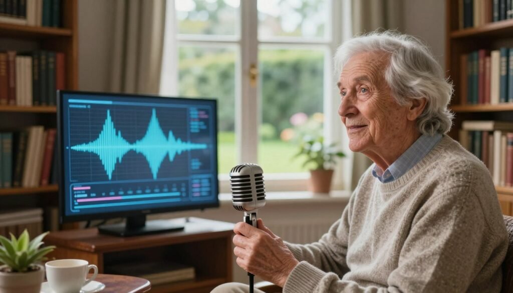 An elderly storyteller with silver hair and warm eyes, adorned in a cozy sweater, sits in a sunlit room filled with bookshelves. In the foreground, she holds an old-fashioned microphone, conveying the idea of voice generation technology. The middle layer features a digital interface with visual soundwaves and voice modulation graphics, illustrating the integration of AI in storytelling. In the background, a large window reveals a serene garden, symbolizing the authenticity and warmth of narratives. Soft, natural lighting floods the room, creating an inviting atmosphere. The scene should be framed from a slightly angled perspective, capturing the interaction between the storyteller and the technology, evoking a feeling of nostalgia and innovation.