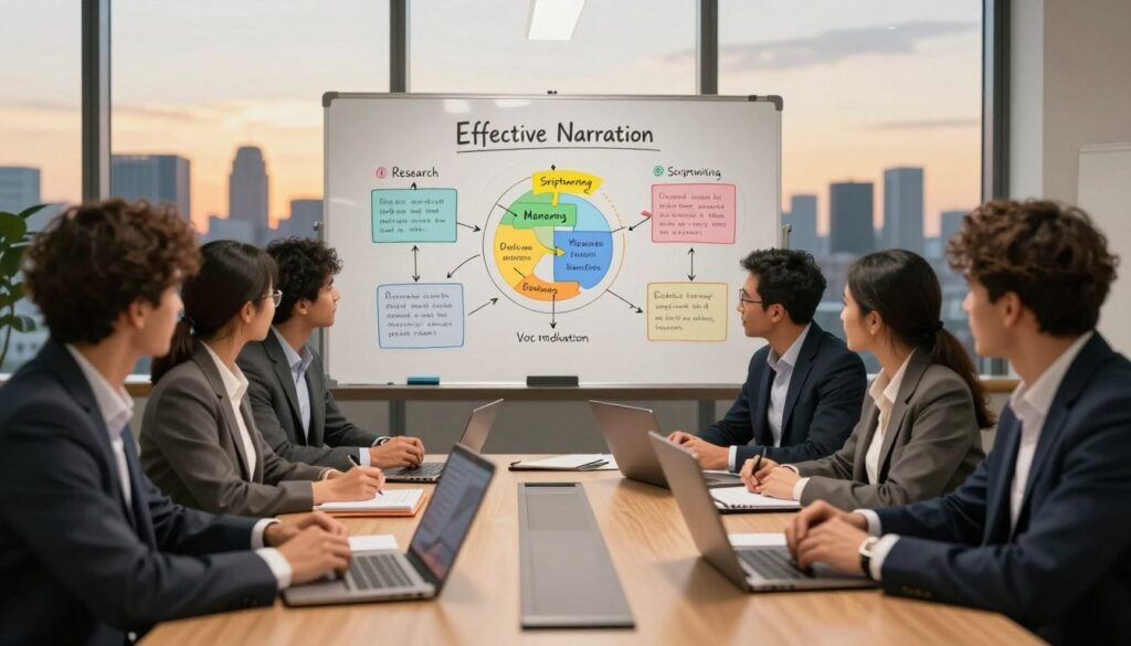 An illustrated step-by-step guide for producing high-quality narrations. In the foreground, a diverse group of professionals in business attire collaboratively discusses narrative strategies around a conference table, with laptops and notepads scattered about. In the middle ground, a whiteboard filled with colorful diagrams outlines the stages of effective narration—research, scriptwriting, voice modulation, and recording techniques. In the background, a window reveals a city skyline at dusk, casting warm golden light into the room, creating a focused yet inspiring atmosphere. The overall mood is one of creativity and professionalism, emphasizing teamwork and innovation in documentary storytelling. High-quality lighting highlights the focus on the teamwork, utilizing a slightly wide-angle view to capture the collaborative spirit.