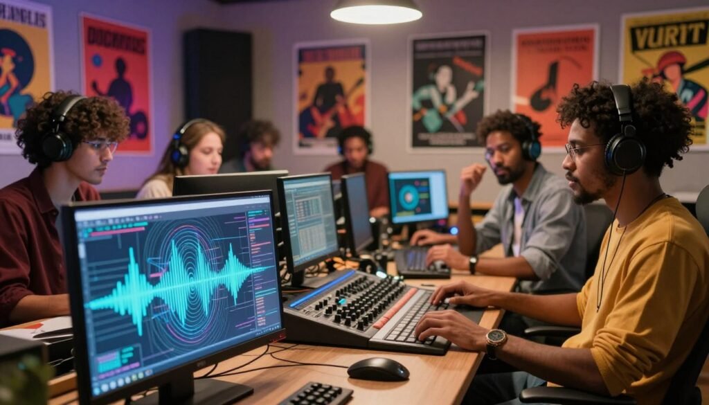 An imaginative and colorful representation of a music studio where artificial intelligence is blending various musical styles to create jingles. In the foreground, a sleek, modern AI algorithm visualization displays sound waves and intricate patterns. The middle ground features a diverse group of professionals—primarily dressed in smart casual attire—collaborating around a mixing console, engaged in discussion over sound samples. The background shows vibrant posters of different music genres, subtly conveying an upbeat atmosphere, with soft, warm lighting from overhead lamps creating an inviting, creative space. The overall mood is dynamic and inspiring, emphasizing innovation in sound design and the incorporation of AI technology in crafting catchy background music.