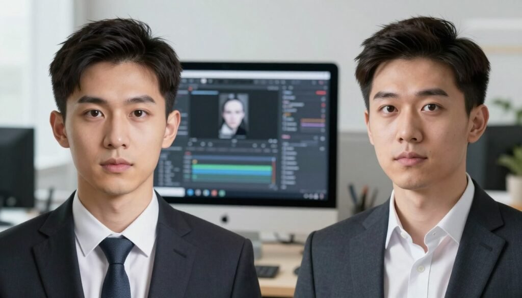 An insightful comparison between AI-generated and manually edited facial expressions. In the foreground, display two human faces side by side: the left face showcasing subtle, realistic facial expressions created by AI, dressed in professional business attire; the right face exhibiting exaggerated, manually edited expressions, maintaining a clean, polished appearance. In the middle ground, include visual elements like a computer screen displaying the AI editing software and tools, enhancing the theme of technology versus manual artistry. The background should feature a softly blurred office environment, symbolizing a modern workspace. Utilize soft, natural lighting to create a balanced mood, with a slight focus on the faces to draw the viewer's attention, evoking curiosity about the advancements in facial expression editing techniques.