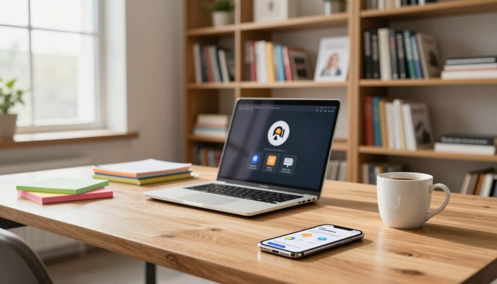 An inviting office workspace designed for content creators, featuring a sleek wooden desk adorned with a laptop, colorful notepads, and a stylish coffee mug. In the foreground, a modern smartphone displays contact information and additional resource icons like a megaphone, book, and computer. The middle ground shows a large bookshelf filled with educational resources, podcasts, and video production guides. The background consists of a soft-focus window emitting natural sunlight, casting gentle shadows across the room. The overall atmosphere is professional yet creative, encouraging productivity and collaboration. The scene is captured with a warm tone and soft lighting, using a slight wide-angle perspective to enhance the spacious feel.