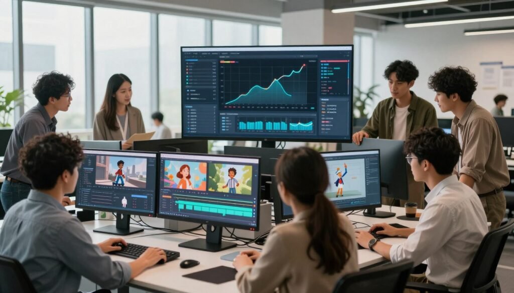 Create a visually engaging scene depicting the optimization process of video generation using AI technology. In the foreground, show a diverse group of professionals in smart casual attire, collaborating around a high-tech workstation filled with monitors displaying animated character designs and intricate timelines across various video projects. In the middle ground, illustrate a futuristic interface filled with graphs and algorithms that showcase seamless integration and enhancements in animation quality. The background should feature an airy, modern office space with large windows letting in natural light, fostering a productive atmosphere. Use soft, diffused lighting to evoke a sense of innovation and teamwork, while maintaining a clean, organized aesthetic. Focus on dynamic angles to bring energy to the composition.