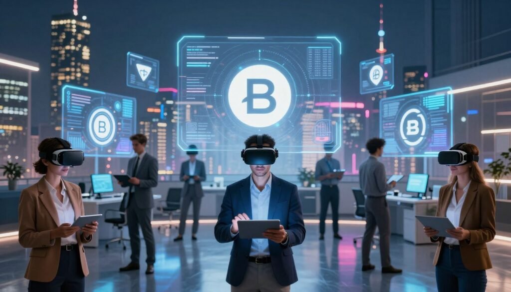 Create a visually striking image that symbolizes the integration of technology into brand identity. In the foreground, depict a diverse group of professionals, dressed in smart casual attire, engaging with digital devices such as tablets and virtual reality headsets. In the middle, showcase a sleek, modern workspace filled with holographic displays of logos and brand elements, seamlessly blending into the digital environment. The background features a city skyline with dynamic, colorful lighting, representing innovation and progress. Use soft, ambient lighting to create a sophisticated atmosphere, with a focus on the reflective surfaces that enhance the tech elements. Capture the mood of collaboration, creativity, and the fusion of technology with branding, highlighting the futuristic possibilities of brand design.