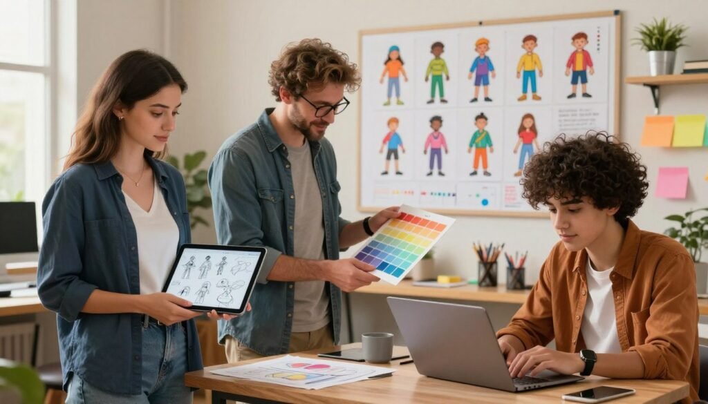 Create an image showcasing a practical example of character design using AI seed control. In the foreground, depict a diverse group of three fictional characters, each with distinct features and styles that showcase variation in design. The first character should be a confident young woman in professional attire, holding a digital tablet with design sketches. The second character, a resourceful middle-aged man, is adjusting a color palette board. The third character, a creative teenager, sits with a laptop, immersed in digital artwork. The middle ground features a vibrant workspace filled with design strategy boards and colorful character concept sketches. In the background, soft, warm lighting illuminates a cozy studio environment, enhancing the mood of creativity and collaboration. Use an eye-level angle to bring a sense of inclusion and engagement in the scene.