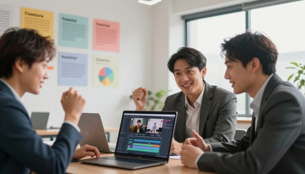 Create an inspiring image showcasing successful client experiences in video editing with AI. In the foreground, depict a diverse group of three professionals, a woman and two men, engaged in a lively discussion over a laptop displaying video editing software, dressed in formal business attire. In the middle ground, illustrate a modern office space adorned with colorful charts and client testimonials on the walls, reflecting a creative and collaborative environment. The background should feature a large window with natural light flooding the room, adding a warm, inviting atmosphere. Use a soft focus lens effect to emphasize the group while keeping their expressions determined and optimistic, conveying the mood of success and innovation in the field of AI video editing.