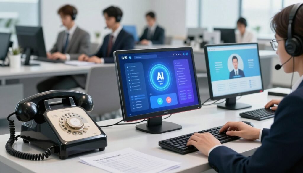 Generate a visually engaging comparison image illustrating the key differences between traditional IVR and AI-powered intelligent IVR systems. In the foreground, depict a traditional IVR setup with a vintage telephone, paper menus, and outdated technology, radiating a sense of inefficiency. In the middle, contrast this with a modern AI-driven IVR system, showcasing sleek digital interfaces on tablets and computers featuring vibrant user-friendly designs. In the background, imply a customer support center bustling with professional staff in business attire, engaged in assisting customers using these two systems. Use bright, clean lighting to highlight the innovative aspects of the AI IVR while employing a slightly dimmer tone for the traditional setup, creating a sense of progression and evolution. The overall mood should convey a clear transition from outdated to advanced technology in customer service.