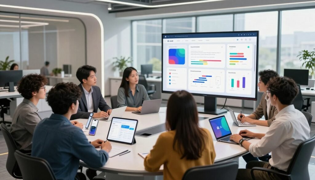 Imagine a modern workspace that exemplifies usability and user experience in AI platforms. In the foreground, a diverse group of professionals in smart casual attire are engaged in a discussion around a sleek, high-tech conference table. They are examining a large digital screen displaying intuitive interface designs, with colorful graphs and user flow diagrams. In the middle ground, various user interface elements and devices (like smartphones and tablets) suggest seamless integration. The background features a futuristic office environment with large windows allowing natural light to flow in, casting soft shadows. The atmosphere is collaborative and innovative, highlighting the importance of user-centric design in AI technologies. The scene is captured with a slightly wide-angle lens to encompass the workspace, creating a balanced composition filled with energy and focus.