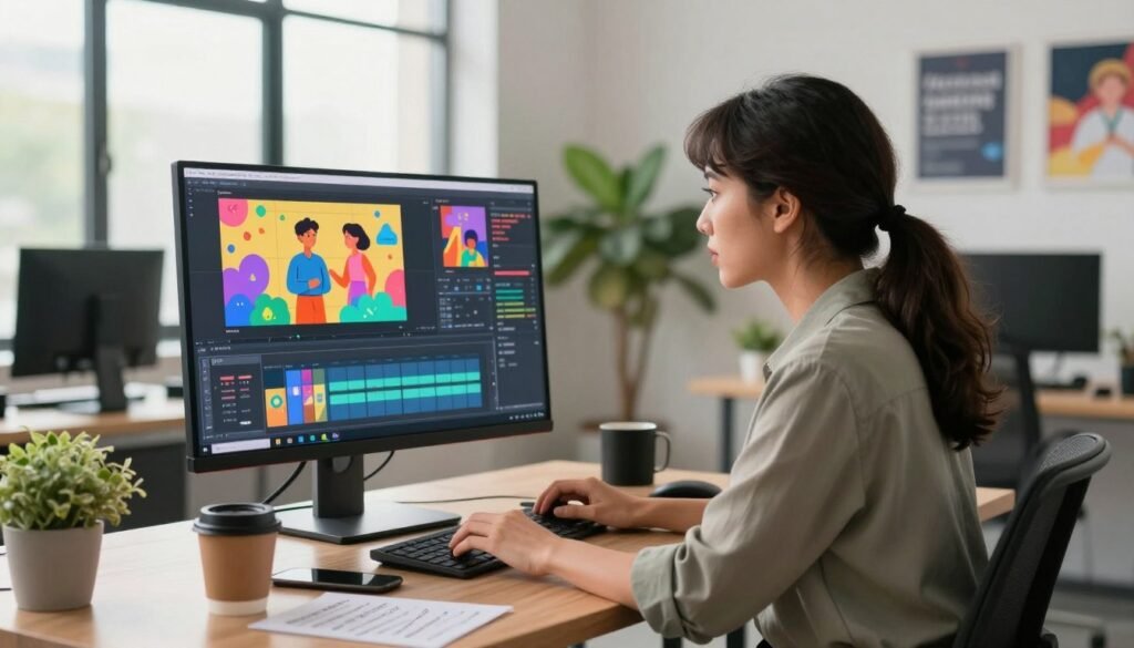 In a modern office setting, a professional female video editor analyzes animated video clips on a high-resolution monitor. She is dressed in smart casual attire, focused on adjusting vibrant animations for social media optimization. The foreground showcases her concentration as she uses editing software, with colorful animated graphics glowing on the screen. In the middle, elements like a sleek laptop, coffee cup, and notes filled with video editing tips add to the creative atmosphere. The background features a bright, airy studio with motivational posters and indoor plants, enhancing a sense of inspiration. Soft, natural light filters through large windows, casting gentle shadows and creating an inviting environment. The overall mood conveys creativity, professionalism, and modernity in video production.