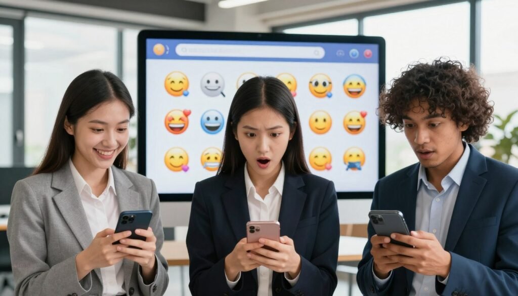 In the foreground, depict a diverse group of three professionals—two women and one man—each showcasing distinct facial expressions like joy, surprise, and curiosity while engaging with smartphones. In the middle ground, illustrate a vibrant social media interface on the screens, highlighting various emojis and reactions to enhance the theme of online interaction. The background should feature a modern office setting with large windows allowing natural light to flood the scene, casting soft shadows. Use a wide-angle lens perspective that captures both the people and digital elements harmoniously. The mood should be lively and engaging, reflecting the dynamic nature of social media. Ensure all characters are dressed in professional business attire, maintaining a polished and respectful presentation. No text or overlays should interrupt the visual.